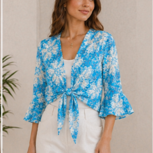 Cerulean Bloom Tie-Front Shrug